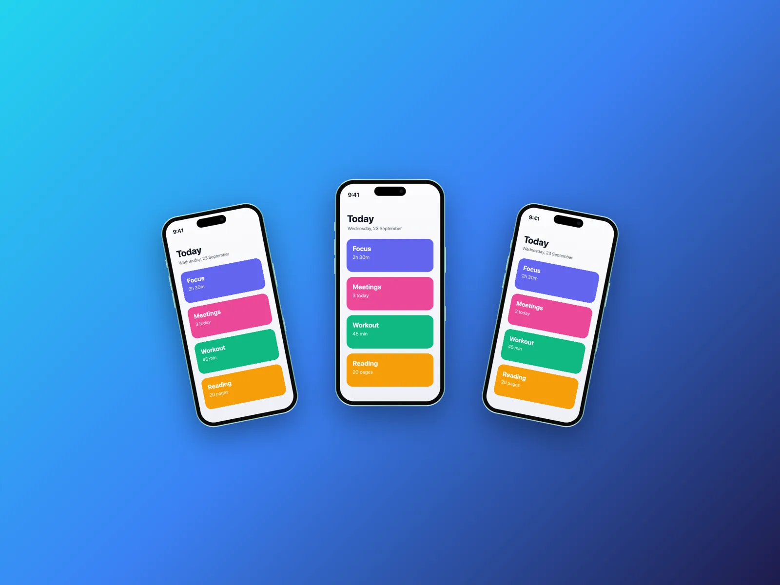 Three iPhone 16 mockups fanned out on a blue gradient